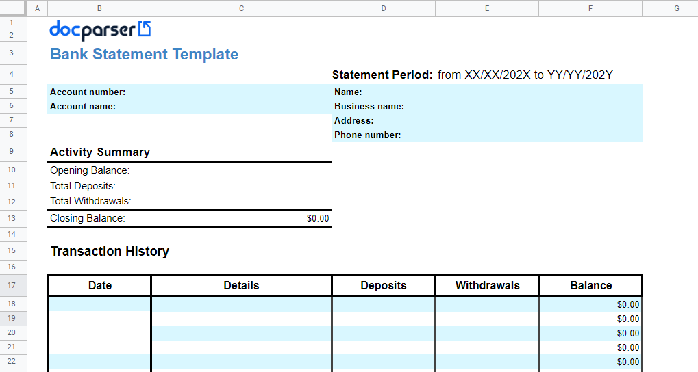 Bank Statement Excel Template by Docparser