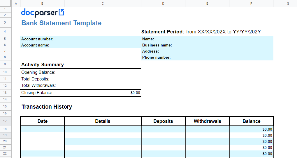 bank statement template excel