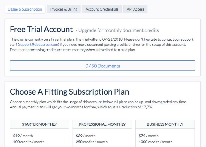 Docparser Managed Accounts Feature - Subscriptions