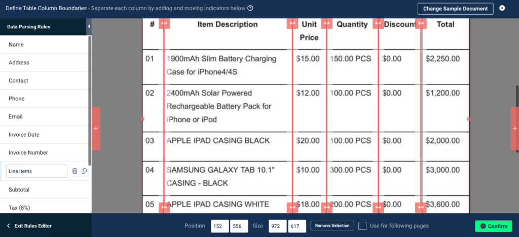 PDF to JSON - Purchase Order Line Items