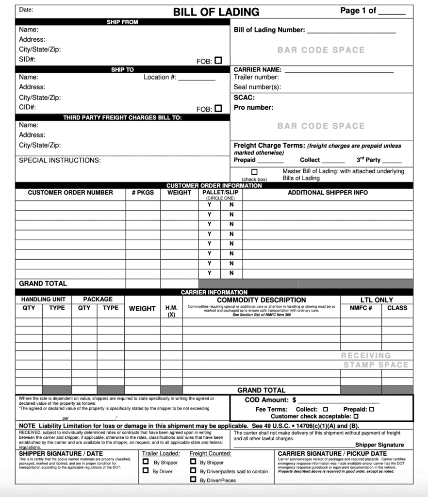 Freight Bill of Lading Example by NTS Logistics